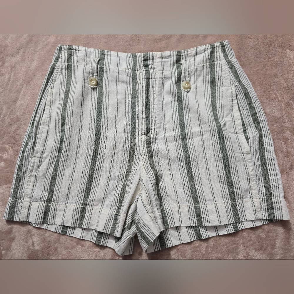Anthropologie Striped Green and Off Wgite Linen-Blend Shorts Size 4